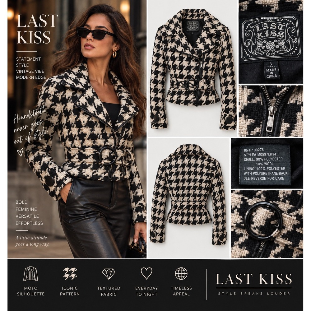 Last Kiss Moto Jacket Womens S Black Cream Houndstooth Belted Cropped Biker